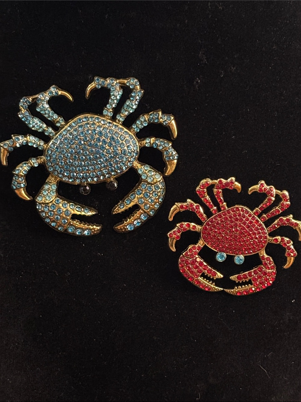 Crystal Crab Pins - Blue and Red Rhinestone Brooches